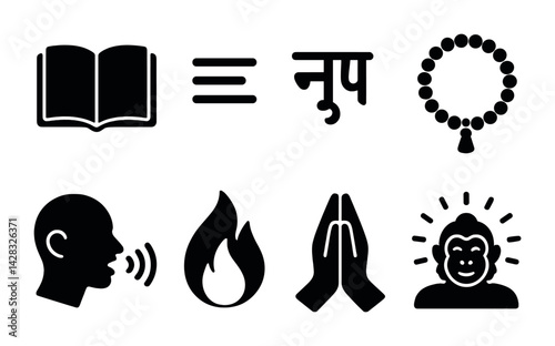 Spiritual symbols icon set – solid style mindfulness, meditation, and healing pictograms for inner peace: book, equality, spiritual text, prayer beads, speaking, flame, praying hands, enlightenment.
