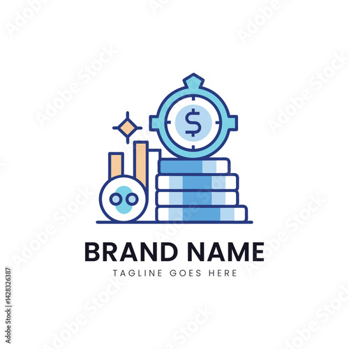 A modern, minimalist illustration featuring stacks of coins, a dollar sign, and a piggy bank, conveying themes of finance and savings in a clean, blue color palette.