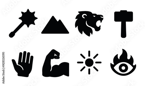 Wilderness adventure filled icons set: bold outdoor, nature, and force symbols for exploration enthusiasts – mountain, lion, mace, hammer, sun, eye, fist, hand