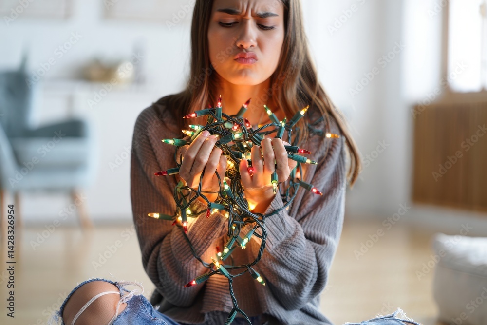 unhappy trendy female holding tangled christmas lights
