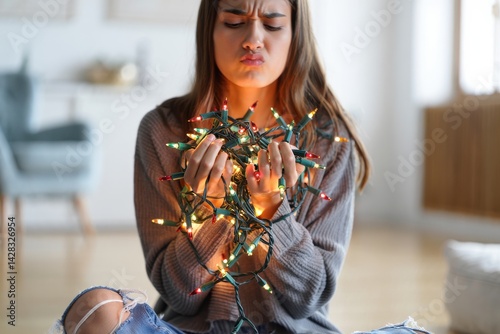 Obraz na płótnie unhappy trendy female holding tangled christmas lights w salonie