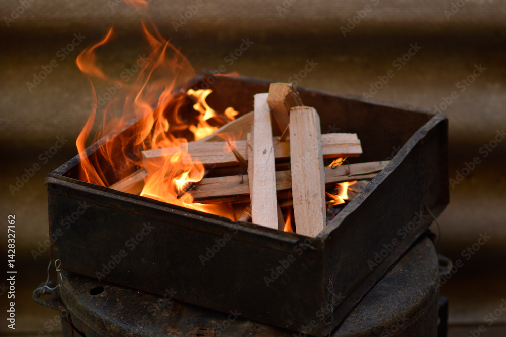 wood burning on fire close up