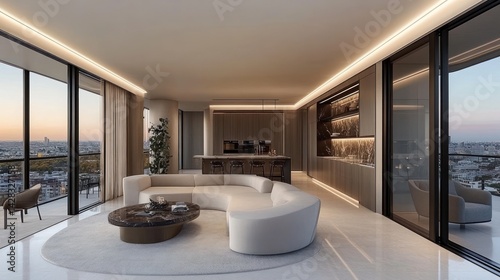 Modern living room with panoramic views, elegant furniture, and soft lighting.