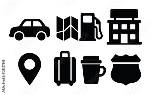 Travel and transportation icon set – solid style for vacation planning, adventure, and commuting: car, map, fuel pump, hotel, location pin, suitcase, coffee cup, badge.