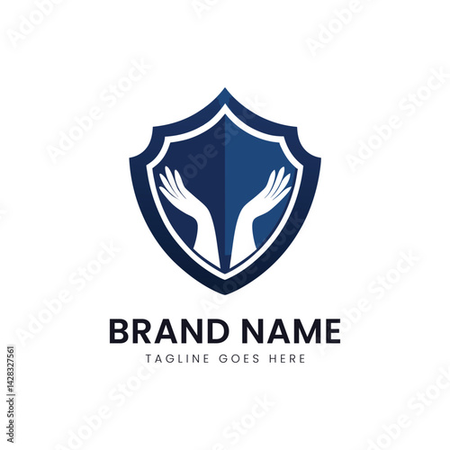 A modern logo featuring a shield with two stylized hands emerging from the bottom, symbolizing protection and care. The color scheme is primarily navy blue.