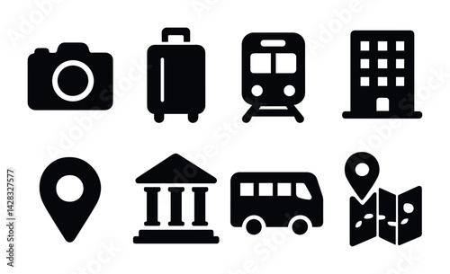 Travel and tourism icon set – filled style adventure, trip planning, and transport icons: camera, suitcase, train, hotel, map pin, landmark, bus, map