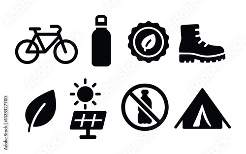 Outdoor adventure icon set – solid style for nature, camping, and eco-friendly activities: bicycle, water bottle, compass, hiking boot, leaf, solar panel, recycle symbol, tent.