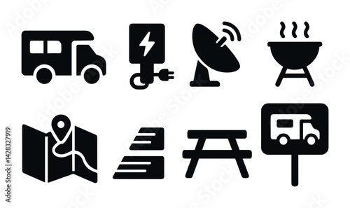 Camping and outdoor activities silhouette icons set – flat style for nature adventures, travel essentials, and picnic items: rv, charging station, satellite, bbq, map, stairs, picnic table, camping