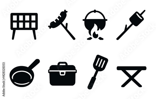 Camping and outdoor adventure solid icons set – filled style recreation, wilderness, and travel symbols for gear essentials: grill, sausage, campfire, marshmallow, skillet, toolbox, spatula, camping