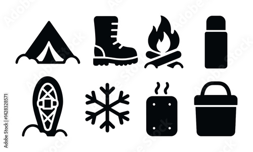 Winter camping solid icons set – filled style outdoor adventure, wilderness, and survival symbols for cold-weather explorations: tent, snowshoe, campfire, thermos, boot, snowflake.