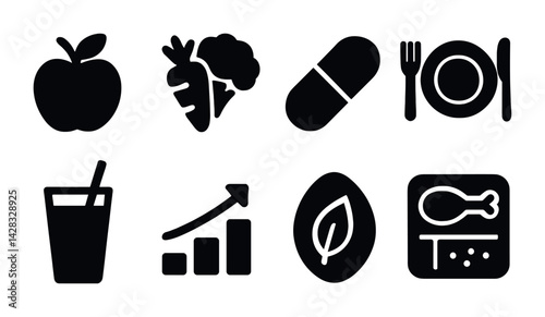 Healthy lifestyle solid icons set – silhouette wellness, nutrition, and health symbols for balanced living: apple, vegetables, supplement, plate, juice, growth chart, leaf, meat.