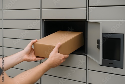 Person retrieving a package from a modern locker system.