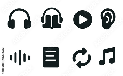 Audio and music solid icons set – filled style sound, listening, and music symbols for podcasts and playlists: headphones, book, play button, ear, soundwave, document, sync, note.