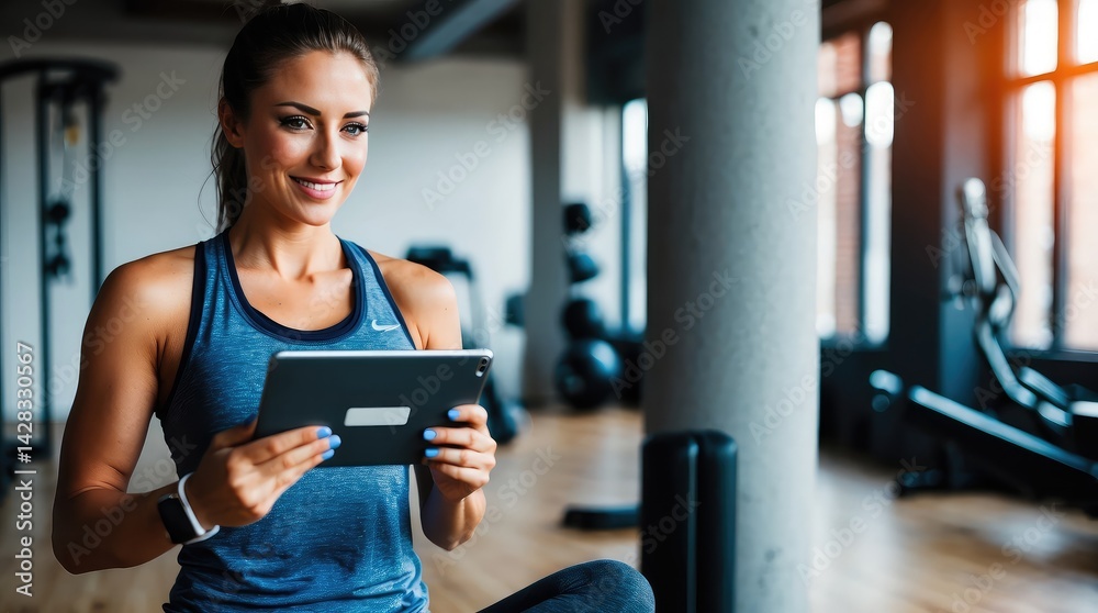 Fototapeta premium Caucasian female fitness enthusiast holding tablet and credit card indoors. Engaged in wellness and technology.