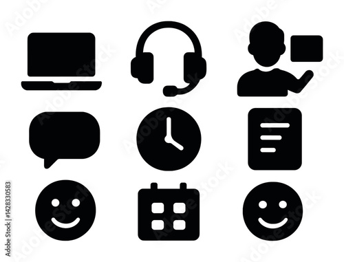 Remote work communication solid icons set – silhouette style for virtual collaboration and online meetings: laptop, headset, instructor, chat bubble, clock, document, calendar, smiley.