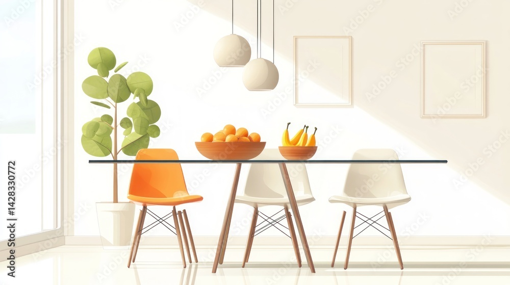 Obraz premium Modern dining area with glass table and chairs, fruit bowl, and houseplant. Sunlight streams in through a large window
