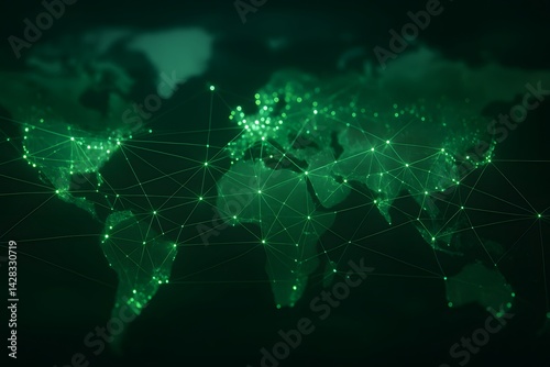 Abstract world map with network connections in a green gradient.