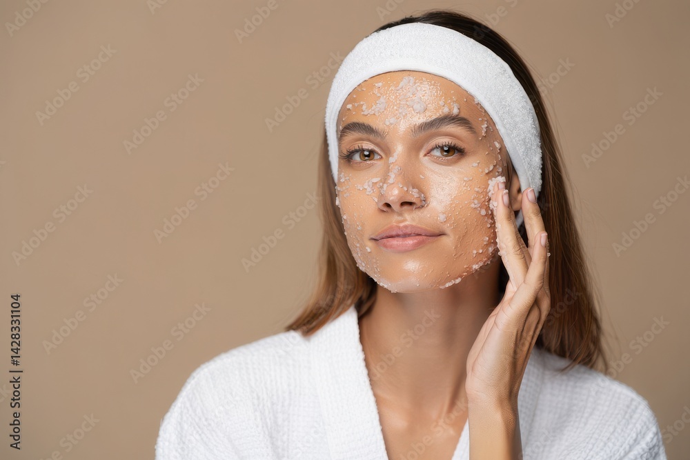 modern woman with face scrub on beige background