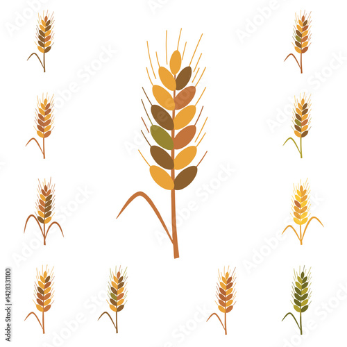 Wheat stalk icons in various designs and colors on white background  