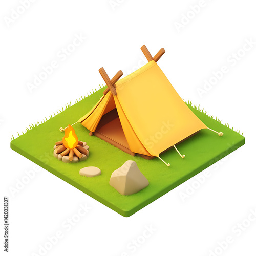 Camping Tent Icon with Trees and Fire in Flat 3D