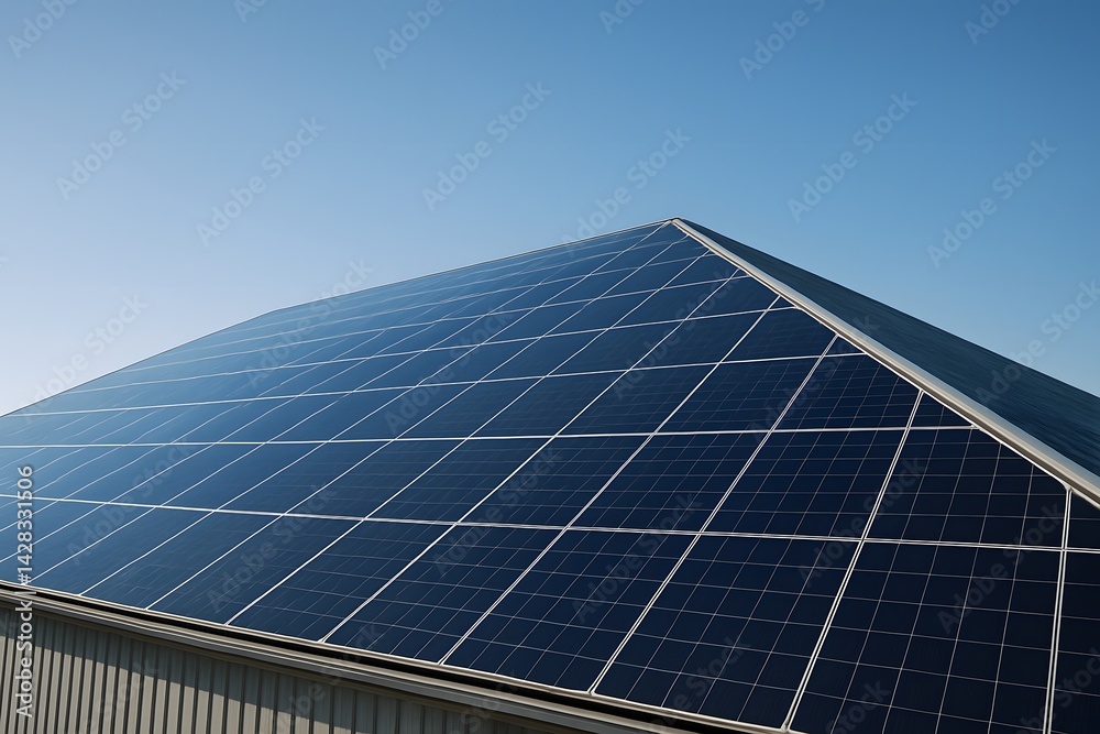 Solar panels on a modern building against a clear blue sky. Solar panels on a modern building against a clear blue sky.