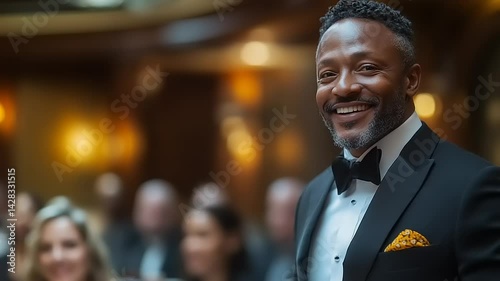 Smiling man in tuxedo at event