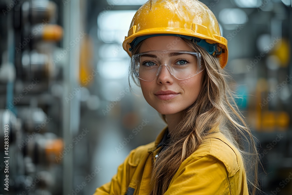 A portrait of an attractive female worker in uniform and safety helmet standing with her arms crossed at the production line, smiling at the camera. The background is an industrial factory interior wi