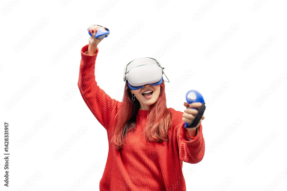 Gamer winning virtual reality game wearing headset and holding controllers, celebrating with arms raised and excited expression on white background
