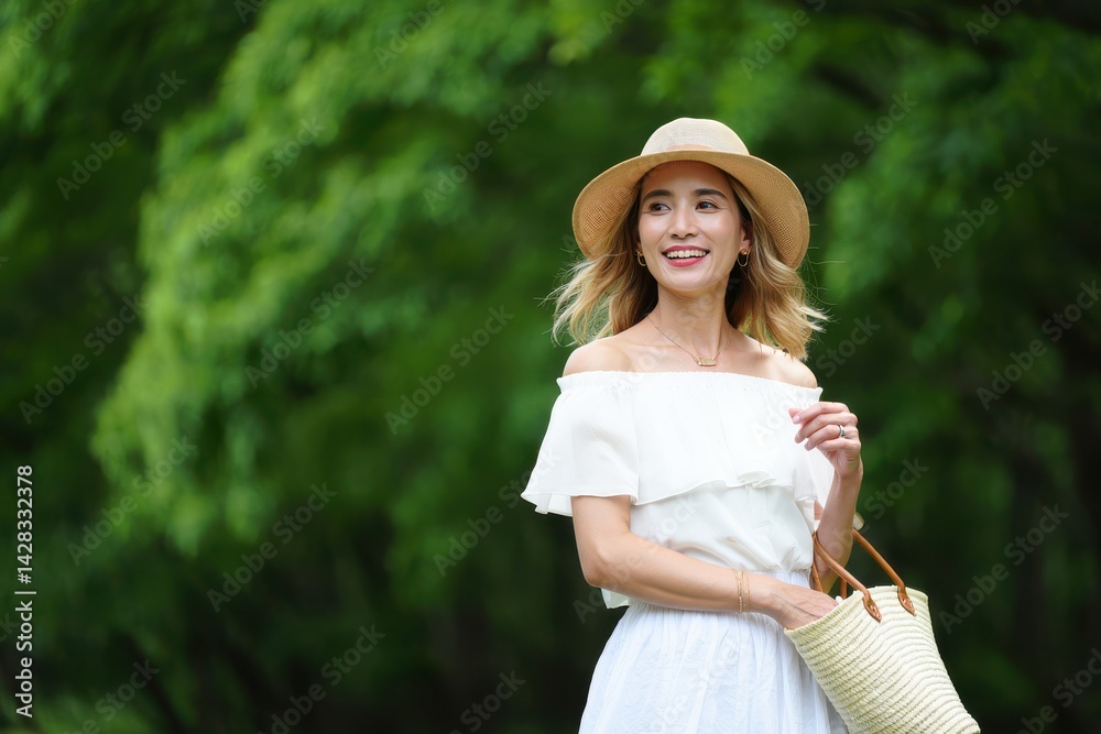 Stylish young woman walking around the city in a fashionable black leather jacket, skirt, heels.