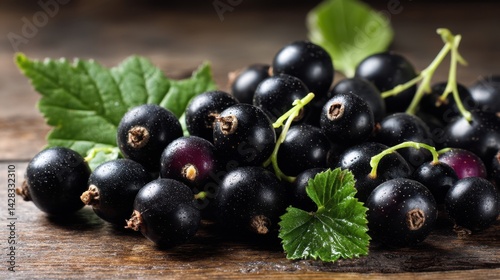 Fresh blackcurrants with leaves on rustic wooden table