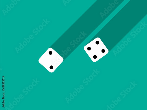 A pair of dice with numbers 2 and 4. Craps dice pair on a green table with a long shadow, top view. Casino dice game. Design for applications, banners, booklets, covers. Vector illustration