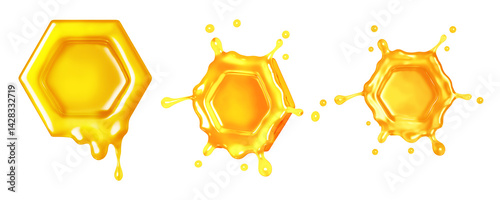 3D rendered honey splash in hexagon shapes with a golden glossy texture, isolated on a white background.
