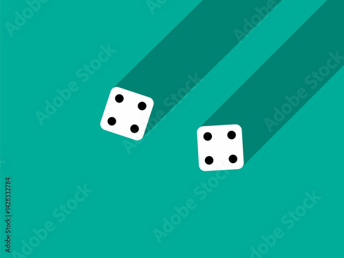 A pair of dice with numbers 4 and 4. Craps dice pair on a green table with a long shadow, top view. Casino dice game. Design for applications, banners, booklets, covers. Vector illustration