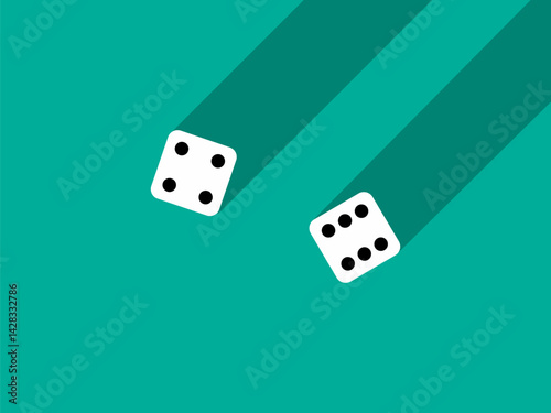 A pair of dice with numbers 4 and 6. Craps dice pair on a green table with a long shadow, top view. Casino dice game. Design for applications, banners, booklets, covers. Vector illustration