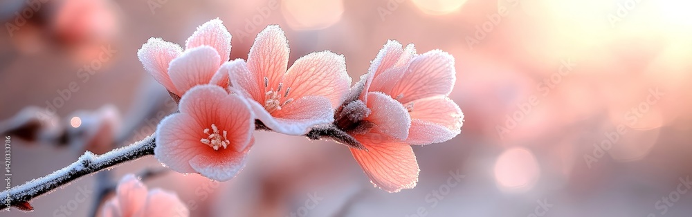 Fototapeta premium Frosted Pink Flowers: A Delicate Beauty of Winters First Touch