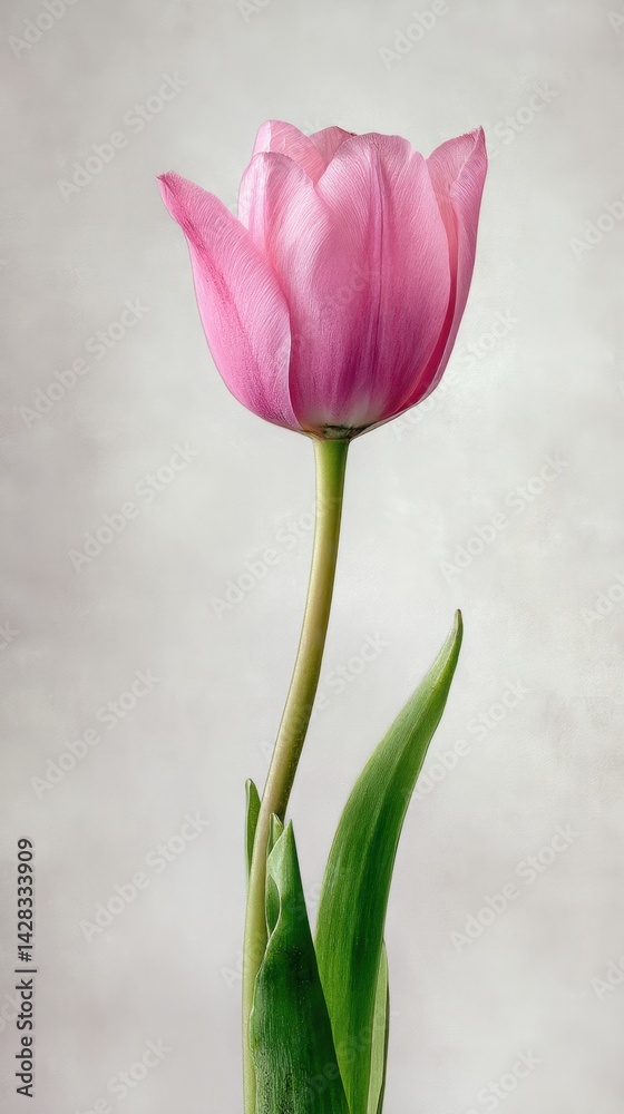 Elegant pink tulip bloom with fresh green stem and delicate petals Elegant pink tulip bloom with fresh green stem and delicate petals
