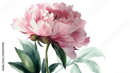 Fototapeta Naklejka Na Ścianę i Meble -  Elegant pink peony bloom with lush green leaves on white background