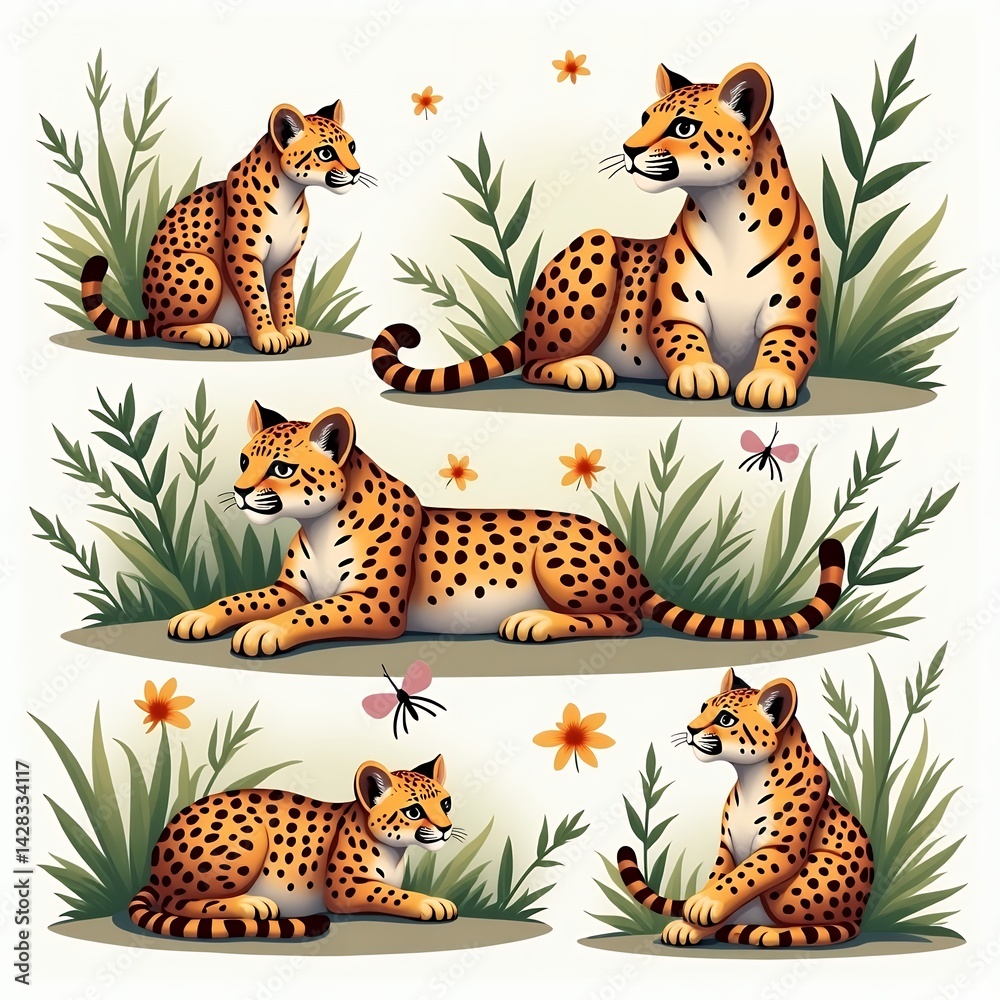 Obraz premium an image of a set of four illustrations of a leopard, there is a set of four pictures of a cheetah laying down