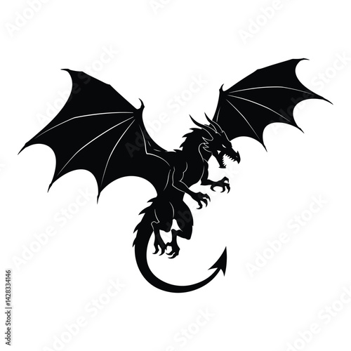 Black and white dragon silhouette with tropical leaf and floral elements in a nature-inspired design
