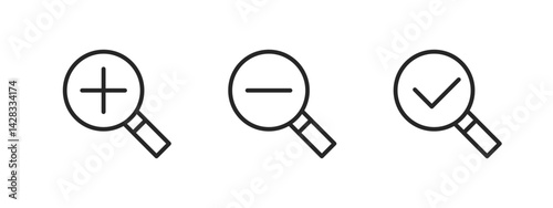 Magnifying glass with plus, minus and checkmark outlined illustration set. Vector icons in flat style
