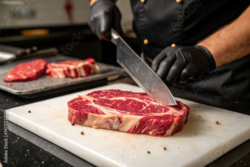 Chef in black gloves slicing a fresh ribeye steak