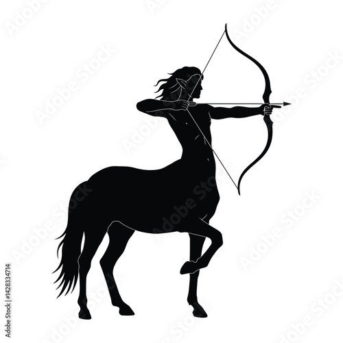 Silhouette of a centaur archer riding a horse with bow and arrow in vector style