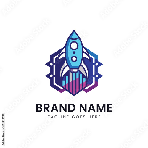 A vibrant logo design featuring a sleek blue rocket ship taking off, surrounded by geometric shapes in purple and pink hues, symbolizing innovation and progress.
