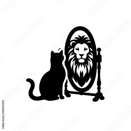 Silhouette of a cat looking into a mirror and seeing a lion, concept of self-belief and confidence, vector icon, black on white 
