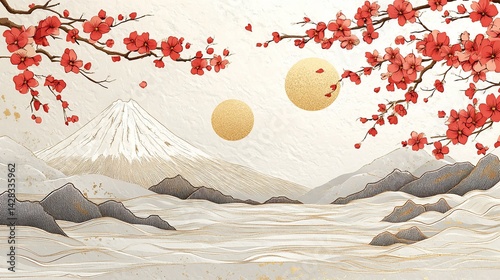 Elegant japanese landscape with sakura blossoms and majestic mountain