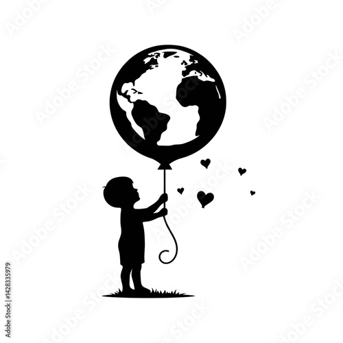 Silhouette of a child holding a balloon shaped like the planet Earth, concept of hope for the future, black vector icon, white background