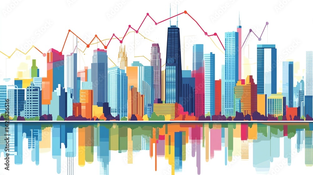 Obraz premium Colorful City Skyline Reflection with Graph Lines Illustrating Growth Trends