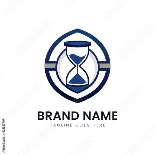 A modern logo design featuring a stylized hourglass enclosed within a shield, symbolizing time management and reliability. Elegant blue and white colors enhance its appeal.