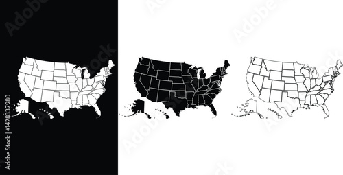 United States Map Silhouette with State Borders – High-Contrast Black Vector for Educational, Print, and Design Use