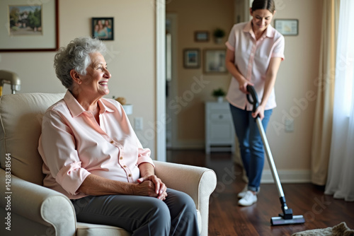 Caucasian woman Help Cleaning House And Talking To Senior Woman. AI